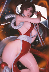 Rule 34 | 1girl, absurdres, bare shoulders, breasts, brown hair, fatal fury, fingerless gloves, folding fan, gloves, hand fan, high ponytail, highres, holding, holding weapon, japanese clothes, large breasts, long hair, looking at viewer, night, ninja, no bra, outdoors, pelvic curtain, ponytail, red gloves, revealing clothes, rope, shiranui mai, solo, sparks, thaumazo, the king of fighters, thighs, weapon