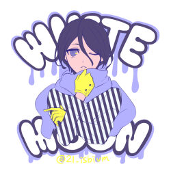 Rule 34 | 1girl, 21 isbivm, alternate costume, black hair, bleach, gloves, hair between eyes, highres, kuchiki rukia, long sleeves, looking at viewer, one eye closed, purple eyes, scarf, shirt, short hair, solo, striped clothes, striped shirt, twitter username, upper body, white background, yellow gloves