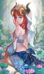 Rule 34 | 1girl, back, back tattoo, blue bow, blue skirt, bow, breasts, circlet, clothing cutout, crop top, day, duplicate, flower, from side, genshin impact, green eyes, highres, horns, ken shiro, long sleeves, looking at viewer, lotus, medium breasts, nature, nilou (genshin impact), outdoors, parted bangs, parted lips, plant, red hair, see-through, shallow water, sitting, skirt, solo, tattoo, thighlet, thighs, veil, vision (genshin impact), wariza, water, wet, wet clothes, white sleeves