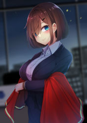 Rule 34 | 1girl, black jacket, black skirt, blue eyes, blurry, blurry background, blush, bob cut, breasts, brown hair, chair, character request, closed mouth, collared shirt, commentary request, depth of field, desk, dress shirt, formal, hair ornament, hair over one eye, hairclip, indoors, jacket, large breasts, long sleeves, minato yu, night, office chair, office lady, shirt, skirt, smile, solo, standing, suit, swivel chair, uchi no musume no tame naraba ore wa moshikashitara maou mo taoseru kamo shirenai., white shirt, window