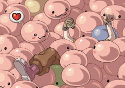 Rule 34 | 1boy, :3, apple, blush stickers, boots, brown gloves, brown pants, buried, commentary request, drooling, drops (ragnarok online), emoticon, food, fruit, full body, gloves, green apple, heart, holding, holding food, holding fruit, marin (ragnarok online), novice (ragnarok online), pants, poporing, poring, ragnarok online, red footwear, short sleeves, slime, spoken heart, susukinohukurou, too many, trembling