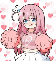 Rule 34 | 1girl, blue eyes, blush, bocchi the rock!, breasts, cheerleader, clothes writing, commentary request, crop top, flying sweatdrops, gotoh hitori, hair between eyes, heart, heart background, long hair, looking at viewer, medium breasts, midriff, mitya, navel, nervous smile, nose blush, one side up, pink hair, pink shirt, pleated skirt, pom pom (cheerleading), shirt, simple background, skirt, smile, solo, sweat, translation request, twitter username, very long hair, white background, white skirt