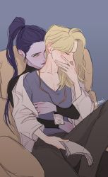 Rule 34 | 2girls, absurdres, blonde hair, blush, closed eyes, colored skin, ear blush, highres, holding, holding paper, lanyard, licking, licking another&#039;s neck, mercy (overwatch), multiple girls, neck blush, overwatch, paper, ponytail, purple skin, ssozei, tongue, tongue out, twitter username, widowmaker (overwatch), yuri