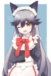Rule 34 | 1girl, alternate costume, animal ear fluff, animal ears, apron, black dress, blush, bow, commentary request, cowboy shot, dress, enmaided, extra ears, fox ears, fox girl, fukino too, grey hair, highres, kemono friends, kemono friends 3, long hair, long sleeves, maid, maid apron, maid headdress, multicolored hair, one eye closed, open mouth, red bow, red neckwear, silver fox (kemono friends), sleeve cuffs, solo, twitter username, white apron, yellow eyes