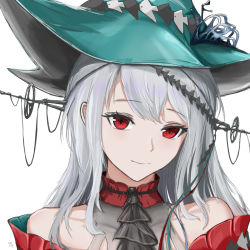 Rule 34 | 1girl, aqua hat, arknights, ascot, bare shoulders, black ascot, collar, dated, detached sleeves, earrings, grey hair, hat, hat ornament, headgear, highres, jewelry, long hair, looking at viewer, official alternate costume, portrait, red collar, red eyes, red sleeves, simple background, skadi (arknights), skadi the corrupting heart (arknights), smile, solo, violetcreed, white background