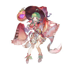 1girl absurdres ahoge braid braided_twintails dragonstone fire_emblem fire_emblem_awakening fire_emblem_heroes green_hair hat highres jack-o&#039;-lantern long_sleeves looking_at_viewer low_twintails nah_(fire_emblem) nah_(halloween)_(fire_emblem) nintendo official_alternate_costume official_art open_mouth pink_footwear pointy_ears puffy_shorts purple_eyes shorts simple_background sleeves_past_fingers sleeves_past_wrists solo tachi-e twin_braids twintails witch witch_hat