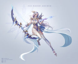 Rule 34 | 1girl, absurdres, arrow (projectile), blue eyes, bow (weapon), breasts, cleavage, commentary, english commentary, highres, holding, holding arrow, holding bow (weapon), holding weapon, horong, long hair, looking to the side, stomach cutout, navel, original, parted lips, solo, weapon, white hair