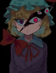 Rule 34 | 1girl, 5alive, black background, blonde hair, closed mouth, collared dress, commentary, dress, expressionless, gap (touhou), hat, highres, lavender dress, light frown, looking at viewer, maribel hearn, mob cap, neck ribbon, purple eyes, red eyes, red ribbon, ribbon, simple background, solo, standing, touhou, white hat