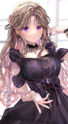 Rule 34 | 1girl, black bow, black dress, blurry, blurry background, bow, breasts, brown hair, commentary request, depth of field, dress, gem, hand up, highres, indoors, long hair, looking at viewer, medium breasts, nail polish, original, parted bangs, parted lips, puracotte, purple eyes, purple gemstone, red nails, solo, sunlight, very long hair, window