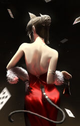 Rule 34 | 1girl, absurdres, ace (playing card), ace of spades, animal ears, arknights, ass, back, backless dress, backless outfit, bare shoulders, black gloves, black hair, card, clothing cutout, commentary request, dress, facing away, gloves, hair bun, hand on own hip, heart, high heels, highres, holding, holding clothes, holding footwear, holding shoes, motion blur, playing card, red dress, ressec, schwarz (arknights), shoes, sidelocks, solo, spade (shape), tail, tail through clothes