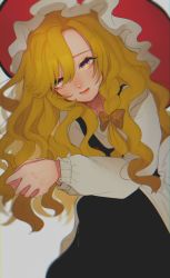 Rule 34 | 1girl, alternate color, bad id, bad twitter id, black hat, bow, braid, brown bow, chromatic aberration, closed mouth, commentary, curly hair, eyelashes, frilled hat, frills, grey background, hair bow, hair over one eye, hat, highres, holding hands, kirisame marisa, leaning to the side, lips, long hair, looking at viewer, orange bow, own hands together, parted bangs, red hat, shirt, side braid, sidelocks, signature, single braid, sleeve cuffs, solo, touhou, two-sided fabric, uchisaki himari, white shirt, yellow eyes