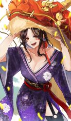 Rule 34 | 1girl, 2024, blush, braid, breasts, brown hair, cleavage, dragon, eastern dragon, floral print kimono, gradient hair, hair ornament, happy new year, highres, japanese clothes, large breasts, long hair, looking at viewer, mole, mole on neck, multicolored hair, nekotokage, new year, nijisanji, open mouth, orange eyes, shirayuki tomoe, single braid, smile, solo, virtual youtuber