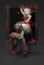 Rule 34 | 1girl, absurdres, bare shoulders, bug, butterfly, cosplay, dress, frilled umbrella, frills, full body, highres, holding, holding umbrella, insect, layered dress, looking at viewer, mary blood, original, red butterfly, red eyes, solo, standing, trash01976, umbrella, white hair