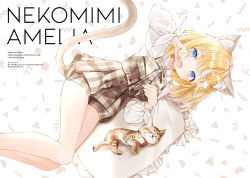 Rule 34 | 1girl, animal ear fluff, animal ears, blonde hair, blue eyes, cat, cat ears, cat tail, character name, dress, fang, hololive, hololive english, looking at viewer, lying, monocle, nabi (uz02), on pillow, on side, open mouth, paw pose, pillow, simple background, solo, tail, virtual youtuber, watson amelia, white background