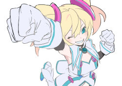 Rule 34 | 1girl, arm up, black sleeves, blonde hair, blue eyes, blurry, blurry background, boots, breasts, brooch, clenched hands, detached sleeves, dress, foot out of frame, foreshortening, gloves, grin, hacka doll, hacka doll 1, hair ornament, hand up, jewelry, kakeami, looking at viewer, medium breasts, medium hair, one eye closed, raised fist, short dress, simple background, sleeveless, sleeveless dress, smile, solo, standing, standing on one leg, twintails, v-shaped eyebrows, white background, white dress, white footwear, white gloves