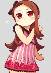 Rule 34 | 1girl, bachera, blush, bow, brown hair, collar, dress, flat chest, frills, grey background, hair bow, hair ornament, tucking hair, idolmaster, idolmaster (classic), long hair, looking at viewer, minase iori, outstretched arm, red eyes, simple background, solo, standing, striped clothes, striped dress, sweatdrop, vertical stripes