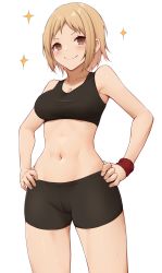 Rule 34 | 1girl, act (xadachit), alternate costume, bike shorts, blonde hair, blush, breasts, brown eyes, commission, girls&#039; frontline, hands on own hips, highres, midriff, mp40 (girls&#039; frontline), navel, non-web source, playing sports, serious, short hair, simple background, smile, solo, sparkle, sports bra, sweat, sweatband, toned, white background