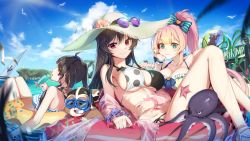 Rule 34 | 3girls, :3, absurdres, ahoge, ball, bare legs, bare shoulders, beachball, bikini, bird, black hair, blonde hair, blue sky, blunt bangs, bow, breasts, chii aruel, closed mouth, cloud, day, eyewear on headwear, flower, food, frilled bikini, frills, gradient hair, green bow, green eyes, hair bow, halterneck, hat, hat flower, highres, holding, holding food, innertube, iris yuma, large breasts, lily bloomerchen, long hair, looking at viewer, looking back, lying, multicolored hair, multiple girls, nail polish, ocean, octopus, on back, outdoors, parted lips, penguin say, pink hair, ponytail, popsicle, purple nails, red eyes, scrunchie, see-through, sky, smile, soulworker, starfish, string bikini, striped bikini, striped bow, striped clothes, sun hat, sunglasses, swim ring, swimsuit, two-tone bikini, water, wet, wrist scrunchie