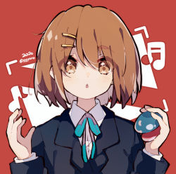 Rule 34 | 1girl, :o, blazer, blue jacket, blue ribbon, blush, brown eyes, brown hair, captain yue, castanets, collared shirt, commentary, hair ornament, hairclip, hands up, hirasawa yui, instrument, jacket, k-on!, long sleeves, looking at viewer, neck ribbon, note, parted lips, red background, ribbon, sakuragaoka high school uniform, school uniform, shirt, short hair, simple background, solo, twitter username, upper body, white shirt