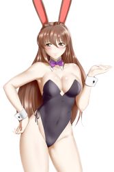 Rule 34 | 1girl, absurdres, animal ears, black leotard, black ribbon, blush, breasts, brown eyes, brown hair, cleavage, closed mouth, collarbone, contrapposto, covered navel, cowboy shot, detached collar, fake animal ears, groin, hair between eyes, hand on own hip, highleg, highleg leotard, highres, kimmy77, large breasts, leotard, long hair, looking at viewer, playboy bunny, purple neckwear, rabbit ears, ribbon, rwby, shiny skin, sideboob, skin tight, solo, standing, striped clothes, striped leotard, transparent background, velvet scarlatina, very long hair, wing collar, wrist cuffs