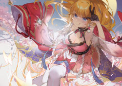 Rule 34 | 1girl, bad id, bad pixiv id, bare shoulders, black gloves, blonde hair, blue eyes, breasts, bug, butterfly, cherry blossoms, cleavage, closed mouth, copyright request, earrings, food, fruit, gloves, hand up, insect, japanese clothes, jewelry, large breasts, licking lips, long hair, long sleeves, looking at viewer, machi (7769), official art, resolution mismatch, source smaller, strawberry, thighhighs, tongue, tongue out, v, white thighhighs, wide sleeves, zettai ryouiki