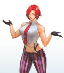 Rule 34 | 1girl, ;), absurdres, black gloves, breasts, collared shirt, commission, gloves, highres, ktovhinao, large breasts, looking at viewer, navel, necktie, one eye closed, pants, red eyes, red hair, red necktie, shirt, sleeveless, sleeveless shirt, smile, solo, striped clothes, striped pants, suspenders, the king of fighters, the king of fighters xv, vanessa (kof), white shirt