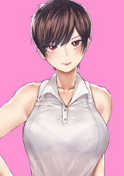 Rule 34 | 1girl, bare shoulders, black bra, bra, bra visible through clothes, breasts, brown eyes, brown hair, buttons, closed mouth, collarbone, collared shirt, earrings, hair between eyes, hand on own hip, head tilt, highres, jewelry, large breasts, looking at viewer, norman maggot, olive laurentia, original, partially unbuttoned, pink background, pixie cut, see-through, shirt, short hair, simple background, sleeveless, sleeveless shirt, smile, solo, stud earrings, swept bangs, tsurime, underwear, upper body, very short hair, white shirt