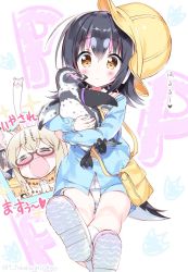 Rule 34 | 5girls, animal ears, bag, bird, black hair, blue shirt, blush, brown eyes, brown hair, cat ears, commentary request, closed eyes, ezo red fox (kemono friends), fox ears, giving up the ghost, glasses, gloves, grape-kun, hat, highres, hug, humboldt penguin, humboldt penguin (kemono friends), kaban (kemono friends), kemono friends, legs, crossed legs, leotard, leotard under clothes, margay (kemono friends), multiple girls, no pants, open mouth, own hands together, penguin, penguin tail, shirt, shoes, short hair, silver fox (kemono friends), silver hair, smile, socks, soles, tail, takahashi tetsuya, translation request, white footwear, white leotard, yellow headwear
