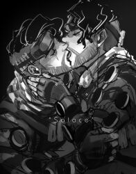 Rule 34 | 2boys, apex legends, bara, beard, clone, eyebrow cut, facial hair, fingerless gloves, french kiss, from side, gloves, goggles, goggles on head, greyscale, karipaku, kiss, male focus, mature male, mirage (apex legends), monochrome, multiple boys, saliva, selfcest, thick eyebrows, upper body