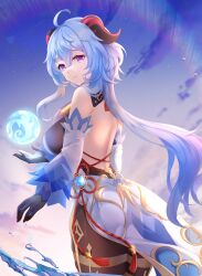 Rule 34 | 1girl, ahoge, backless outfit, bare back, bare shoulders, black gloves, blue hair, blue sky, bodystocking, breasts, cloud, commentary request, cowboy shot, day, detached sleeves, ganyu (genshin impact), genshin impact, gloves, hair between eyes, highres, horns, large breasts, lingshalan, long hair, long sleeves, looking at viewer, purple eyes, skirt, sky, smile, solo, standing, very long hair, water, white skirt