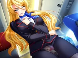 Rule 34 | 1girl, aircraft, airplane, bishop (company), blonde hair, blue eyes, blush, breasts, censored, chair, chijoku no seifuku, clenched teeth, clothing aside, discreet vibrator, female focus, flight attendant, game cg, indoors, large breasts, legs, long hair, looking down, mitsuhashi serika, mizushima oonari, mosaic censoring, one eye closed, panties, panties aside, pantyhose, pussy, raised eyebrows, scarf, sex toy, skirt, solo, standing, teeth, thighs, travel attendant, underwear, uniform, vibrator, vibrator under clothes, wince, x-ray