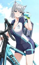 Rule 34 | 1girl, absurdres, animal ear fluff, animal ears, bee doushi, bicycle, bike jersey, bike shorts, blue archive, blue sky, bottle, breasts, cleavage, cloud, commentary request, cup, day, grey hair, halo, highres, holding, holding cup, looking at viewer, medium breasts, official alternate costume, outdoors, shiroko (blue archive), shiroko (cycling) (blue archive), short hair, sky, solo, water bottle