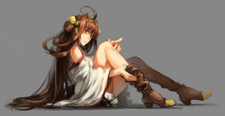 Rule 34 | 10s, 1girl, absurdres, bare shoulders, blush, boots, breasts, brown eyes, brown hair, detached sleeves, double bun, hair ornament, hairband, headgear, high heels, highres, japanese clothes, kantai collection, kongou (kancolle), long hair, looking at viewer, nontraditional miko, personification, ruukii drift, sitting, skirt, solo, thigh boots, thighhighs, undressing