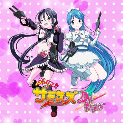Rule 34 | 2girls, alternate costume, black hair, black shirt, black skirt, blue eyes, blue hair, blush, bow, bowtie, clenched hand, commentary request, cosplay, cure black, cure black (cosplay), cure white, cure white (cosplay), dress, elbow gloves, fingerless gloves, futari wa precure, gloves, green eyes, gun, hair between eyes, heart, heart background, holding, holding gun, holding weapon, jumping, kantai collection, long hair, looking at viewer, multiple girls, navel, outstretched arm, precure, samidare (kancolle), shirt, sidelocks, skirt, suzukaze (kancolle), swept bangs, twintails, very long hair, w arms, weapon, white bow, white dress, white neckwear, yamaneko suzume