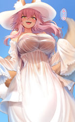 Rule 34 | 1girl, 2channel, animal ear fluff, animal ears, areola slip, bare shoulders, blue sky, blush, breasts, cleavage, cosplay, covered navel, dress, fate/extra, fate (series), fox ears, fox girl, fox tail, hair between eyes, hasshaku-sama, hasshaku-sama (cosplay), hat, highres, large breasts, long hair, long sleeves, looking at viewer, open mouth, pink hair, see-through, semi-transparent, sidelocks, sky, sleeves past fingers, sleeves past wrists, smile, solo, speech bubble, sun hat, tail, tamamo (fate), tamamo no mae (fate/extra), translated, white dress, white hat, wisespeak, yellow eyes