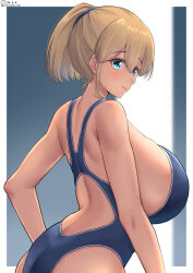 Rule 34 | 1girl, bare arms, bare shoulders, blonde hair, blue eyes, blue one-piece swimsuit, blush, border, breasts, brown hair, closed mouth, collarbone, competition swimsuit, cowboy shot, dated, hair between eyes, hand on own hip, hands on own hips, highleg, highleg swimsuit, highres, huge breasts, indoors, intrepid (kancolle), kantai collection, one-piece swimsuit, ponytail, shiromaru (maniado), short hair, smile, solo, standing, swimsuit, twitter username, water, white border, window