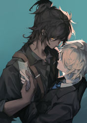 Rule 34 | 2boys, absurdres, arknights, asa achen, black hair, black jacket, black shirt, blonde hair, blue background, closed mouth, commentary request, dark-skinned male, dark skin, doctor (arknights), ear piercing, earclip, faceless, faceless male, hair between eyes, highres, holding, jacket, jewelry, male focus, multiple boys, piercing, ponytail, shirt, short ponytail, simple background, suspenders, thorns (arknights), upper body, yaoi, yellow eyes