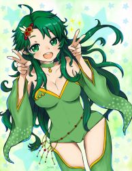 Rule 34 | 1girl, aged up, breasts, cleavage, detached sleeves, double v, earrings, final fantasy, final fantasy iv, green eyes, green hair, green leotard, hair ornament, highres, jewelry, large breasts, leotard, long hair, looking at viewer, open mouth, rydia (ff4), smile, solo, thighhighs, v