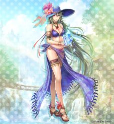 1girl bikini blue_hat breasts brown_footwear floating_hair flower full_body gae_bolg_(phantom_of_the_kill) green_hair hair_between_eyes hat holding long_hair looking_at_viewer no_socks official_alternate_costume official_art orange_bikini parted_lips phantom_of_the_kill pink_flower sandals second-party_source smile solo standing swimsuit