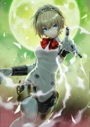 Rule 34 | 1girl, aegis (persona), backlighting, black hairband, blonde hair, blue eyes, bow, breasts, closed mouth, commentary, cowboy shot, expressionless, fighting stance, full body, green moon, green sky, hair between eyes, hairband, highres, index finger raised, joints, looking at viewer, mechanical arms, medium breasts, moon, night, persona, persona 3, pointing, pointing at viewer, red bow, robot girl, robot joints, short hair, smoke, solo, split mouth, v-shaped eyebrows, yono 999