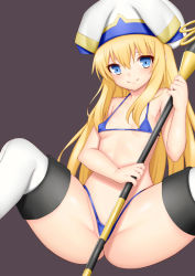 Rule 34 | 10s, 1girl, bikini, blonde hair, blue eyes, breasts, brown background, closed mouth, goblin slayer!, hat, holding, holding staff, long hair, micro bikini, priestess (goblin slayer!), simple background, small breasts, smile, solo, spread legs, staff, swimsuit, thighhighs, toshishikisai, white hat, white thighhighs