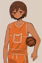 Rule 34 | 1boy, ball, bare arms, bare shoulders, basketball (object), blush, bright pupils, brown background, brown eyes, brown hair, chromatic aberration, closed mouth, collarbone, commentary, cowboy shot, dark-skinned male, dark skin, double-parted bangs, english commentary, hair behind ear, hair between eyes, hashtag-only commentary, highres, kel (faraway) (omori), kel (omori), looking at viewer, male focus, omori, orange tank top, shino8504, short hair, simple background, smile, solo, standing, tank top, white pupils