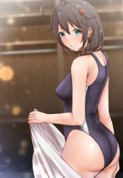 Rule 34 | 1girl, aga marino, ahoge, ass, bad id, bad twitter id, black hair, black one-piece swimsuit, blue eyes, blurry, braid, commentary request, competition swimsuit, cowboy shot, depth of field, hair flaps, hair ornament, hair over shoulder, kantai collection, looking at viewer, one-piece swimsuit, shigure (kancolle), shigure kai ni (kancolle), single braid, solo, standing, swimsuit, towel, white towel