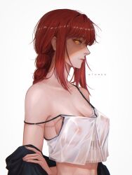 Rule 34 | 1girl, absurdres, artist name, braid, braided ponytail, breasts, camisole, chainsaw man, collarbone, highres, long hair, looking at viewer, makima (chainsaw man), medium breasts, messy hair, nthndn, off shoulder, red hair, ringed eyes, see-through, see-through shirt, shaded face, sideways glance, simple background, solo, white background, white camisole, yellow eyes