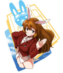 Rule 34 | 1girl, animal ears, aoba (smartbeat), blue eyes, brown hair, charlotte e. yeager, cropped legs, grin, long hair, military, military uniform, no pants, rabbit ears, rabbit girl, rabbit tail, smile, solo, strike witches, tail, uniform, waving, world witches series