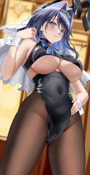 Rule 34 | 1girl, alternate costume, animal ears, black leotard, blue eyes, blue hair, blurry, blurry background, bow, bow earrings, bowtie, breasts, brown pantyhose, chain, chain headband, cleavage, closed mouth, colored inner hair, covered navel, crop top, earrings, from below, gluteal fold, hair between eyes, hair intakes, hand on own hip, hand up, head chain, highres, hololive, hololive english, jewelry, large breasts, leotard, looking at viewer, looking down, medium hair, multicolored hair, nontraditional playboy bunny, ouro kronii, pantyhose, piukute062, playboy bunny, rabbit ears, signature, smile, solo, turtleneck, underboob, veil, virtual youtuber, white veil, wrist cuffs, zipper