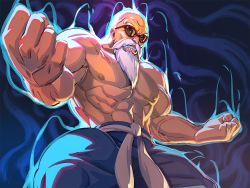 Rule 34 | 1boy, abs, alternate form, aura, bald, beard, belt, biceps, blue pants, clenched hands, dragon ball, dragon ball (classic), facial hair, male focus, manly, muscular, muscular male, mustache, muten roushi, navel, old, old man, pants, powering up, red-framed eyewear, topless male, solo, sunglasses, teeth, veins, white belt, yonezawa mao