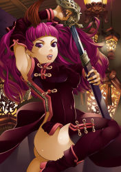 Rule 34 | 1girl, armpits, ass, breasts, china dress, chinese clothes, detached sleeves, dress, covered erect nipples, large breasts, lipstick, long hair, makeup, no panties, original, purple eyes, purple hair, rapier, solo, sword, thighhighs, thighs, tongue, torigoe takumi, weapon, zipper
