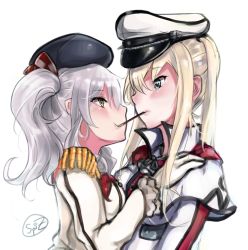 Rule 34 | 10s, 2girls, artist name, blonde hair, blue eyes, blush, breasts, capelet, embarrassed, epaulettes, eye contact, female focus, food, from side, gloves, graf zeppelin (kancolle), green eyes, hair between eyes, hands on another&#039;s shoulders, hat, highres, kantai collection, kashima (kancolle), large breasts, lips, long hair, looking at another, military, military uniform, mouth hold, multiple girls, peaked cap, pocky, pocky day, pocky kiss, shared food, sidelocks, silver hair, simple background, smile, spiz, twintails, uniform, upper body, wavy hair, white background, white gloves, yuri