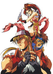 Rule 34 | 1990s (style), 1girl, 2boys, black gloves, blonde hair, blue eyes, breasts, brown hair, cracking knuckles, fatal fury, fingerless gloves, gloves, hand fan, hat, headband, high ponytail, highres, holding, holding fan, long hair, looking at viewer, medium breasts, multiple boys, official art, oobari masami, open mouth, pelvic curtain, retro artstyle, shiranui mai, simple background, snk, terry bogard, the king of fighters, thumbs up, white background